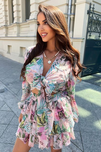 KOMPLET TOP + SPÓDNICZKO-SPODENKI LA DIVA PUDROWY RÓŻ