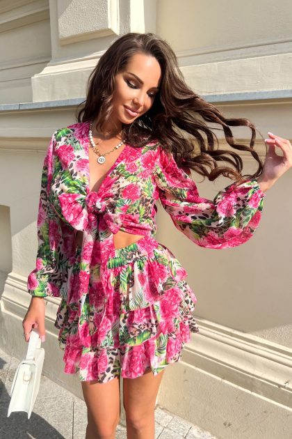 KOMPLET TOP + SPÓDNICZKO-SPODENKI LA DIVA RÓŻOWO-ZIELONY