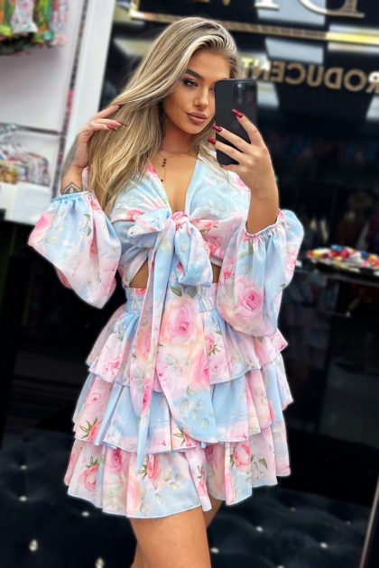 KOMPLET TOP + SPÓDNICZKO-SPODENKI LA DIVA RÓŻOWO-BŁĘKITNY