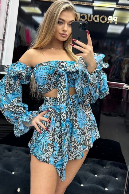 KOMPLET TOP + SPODENKI LA DIVA PANTERKOWO-NIEBIESKI PREMIUM