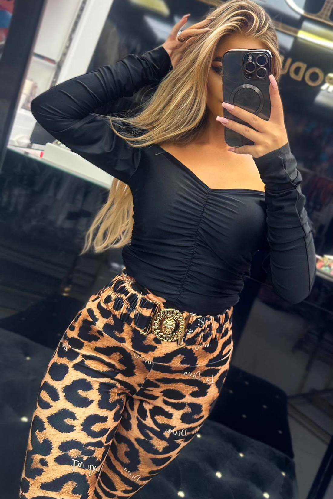 LEGGINSY Z KLAMRĄ LA DIVA BRĄZOWA PANTERA