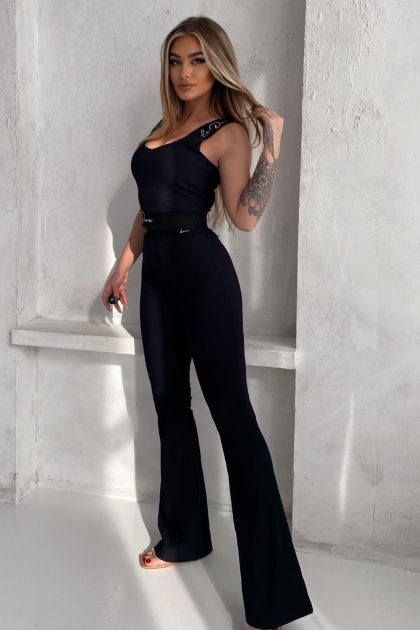 KOMPLET KRÓTKI TOP GUMA + LEGGINSY DZWONY LA DIVA CZARNY