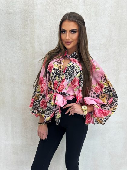 KOSZULA Z SZYFONU KOŁNIERZYK PINK