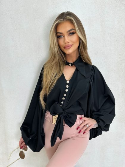 KOSZULA WIĄZANA CZARNA Z KOŁNIERZYKIEM