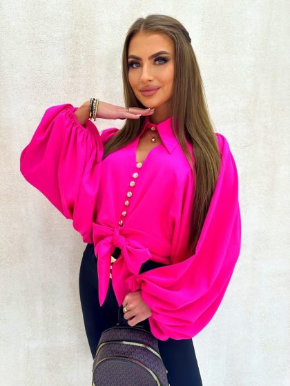 KOSZULA WIĄZANA FUKSJA Z KOŁNIERZYKIEM